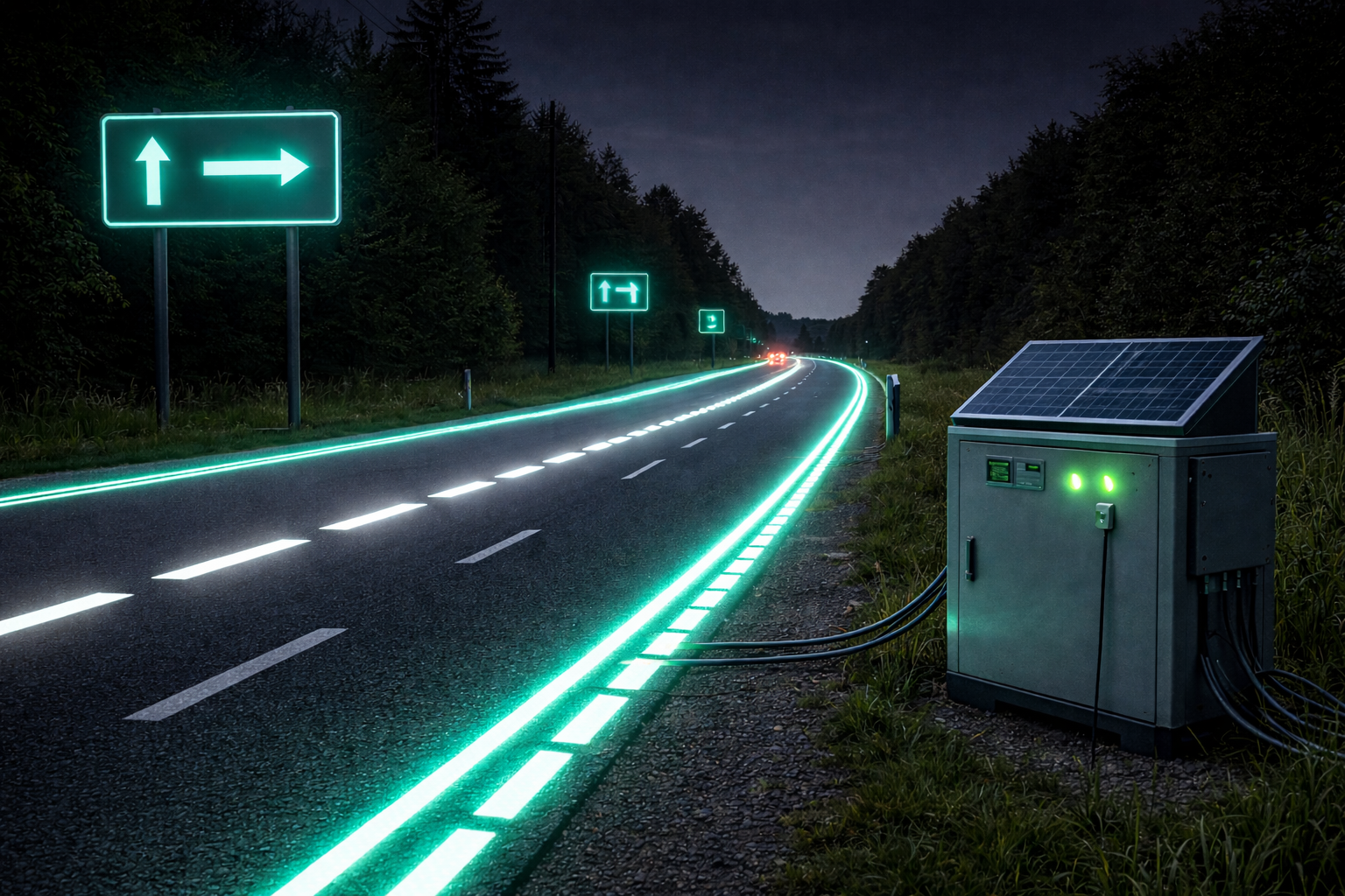 Futuristic BioGlow roadway illumination concept at night