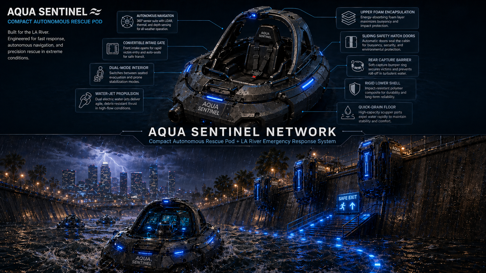 AI rescue pod system concept for flood conditions in the LA River