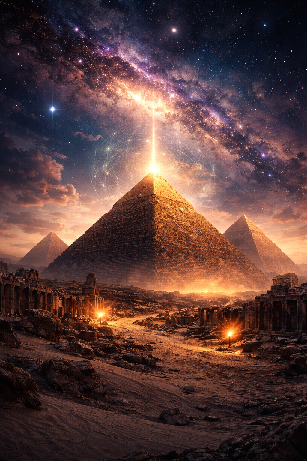 A dramatic pyramid scene with geometric lines and a mysterious glow, representing hidden architecture